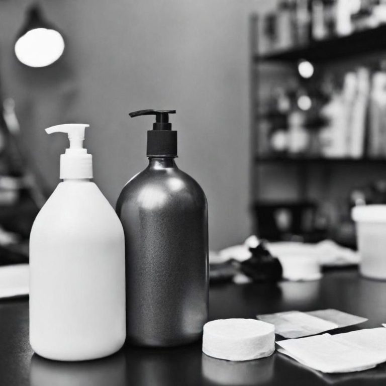 Hygiene - Alice Wonderline Tattoo Zwei Flaschen mit Spendern, eine weiß und eine schwarz, auf einem Tisch.