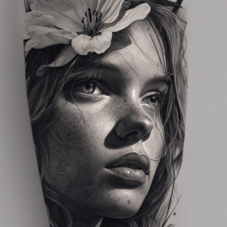 Wanna Do Tattoo Porträt einer Frau mit einer Blume im Haar, in Schwarz-Weiß.